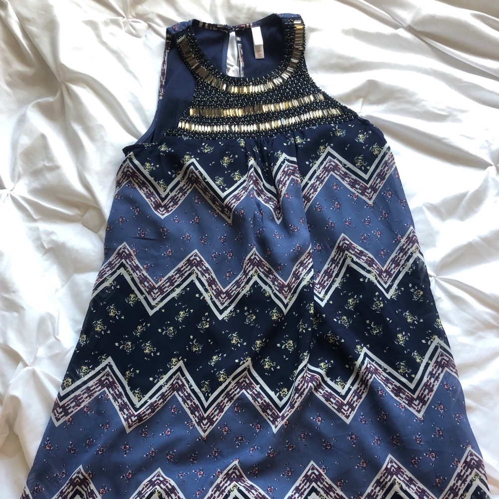 Blue patterned, beaded sundress